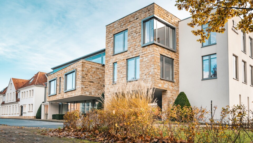 Außenaufnahme von aufgereihten Häusern mit Bäumen und blauem Himmel im Hintergrund